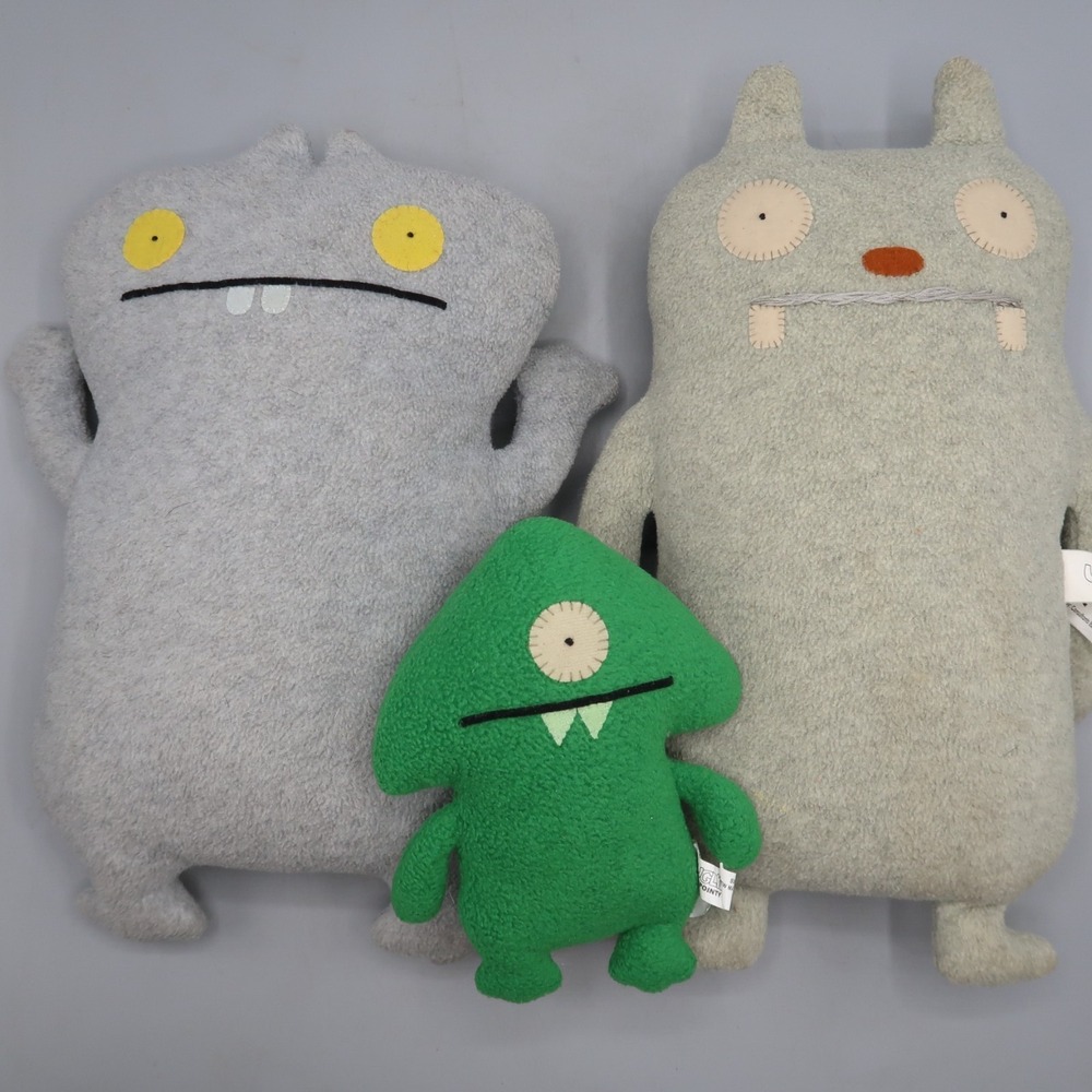Uglydolls Pointy Max Green Monster Plush‎ 7" & 2 Gray Ugly Doll  12" Family Lot